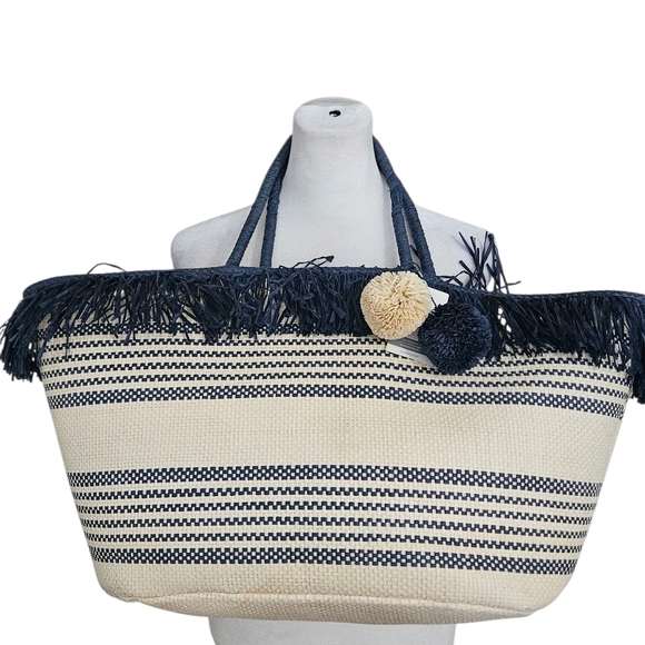 MUDPIE Fringe Straw Tote Navy Stripe. NWT - Picture 2 of 16
